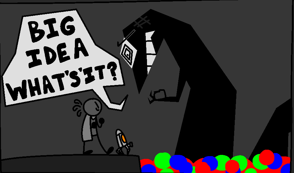 a grey kid and a small robot encountering a large black serpentine creature, holding a rock that he seems to have been hit by. there is a speech bubble in front of him saying: big idea what's'it?