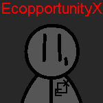 a cartoonish grey child facing forward, they slowly blink. The word Ecopportunityx is above them in red text.