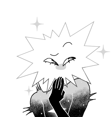 a halfbody portrait of loop from in stars and time. they're human-like with a spikey head resembling a cartoon explosion, they have no mouth, their body is mostly black with a lighter grey gradient that starts at their neck and fades into black. there is a four pointed star in the midde of their chest. they are squinting amusedly with one of their hands over where their mouth would be as if they are laughing.