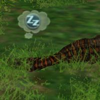 An Albertosaurus laying on the ground next to a feeder, a menu is pulled up displaying its health. It is shown to be infected with Rabies
